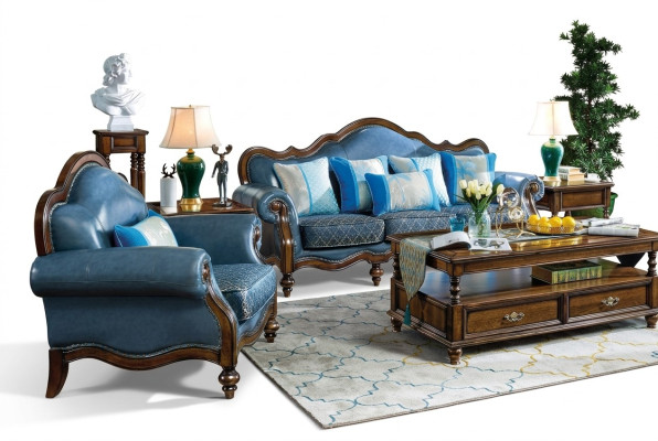 Canapé Chesterfield Bleu Baroque Rococo Sofa 3+1 Place Suite