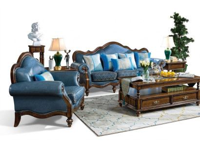 Canapé Chesterfield Bleu Baroque Rococo Sofa 3+1 Place Suite