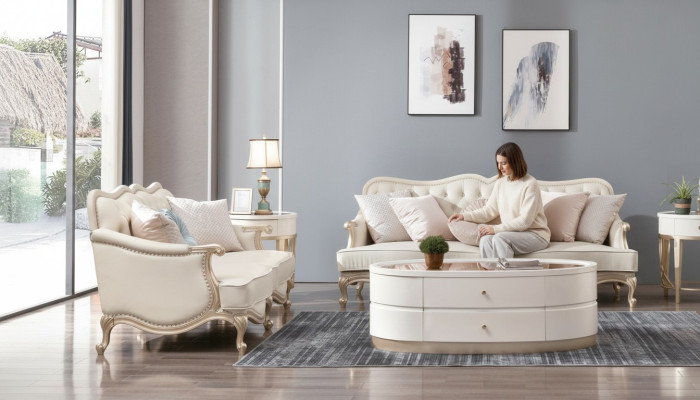 Canapé Chesterfield classique 3+2 places Beige