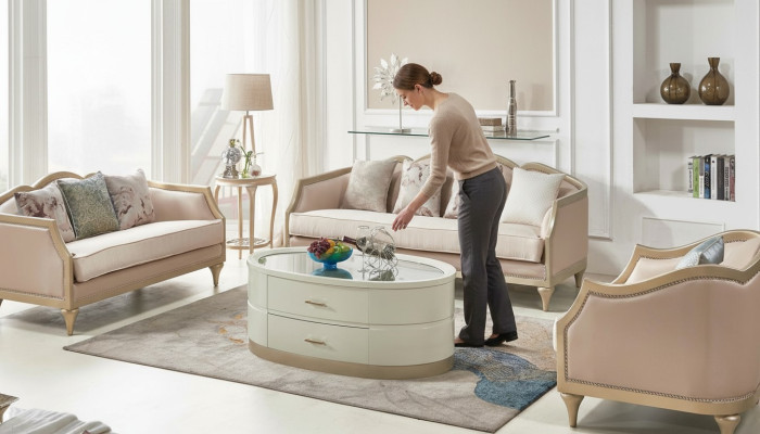 Table basse ovale en crème Table de salon Table en verre Tables basses Mobilier
