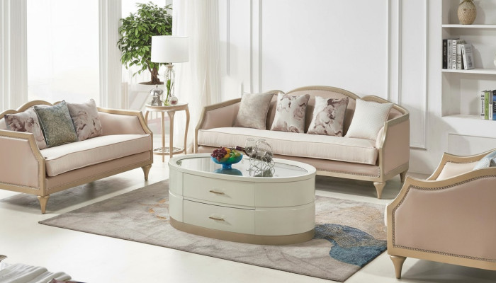 Table basse ovale en crème Table de salon Table en verre Tables basses Mobilier