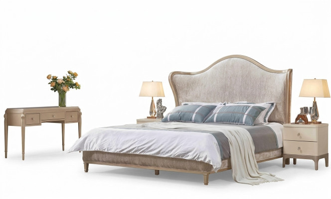 Lit moderne de luxe 2 tables de chevet Lits Cadre de lit en bois Chambre à coucher Argent neuf