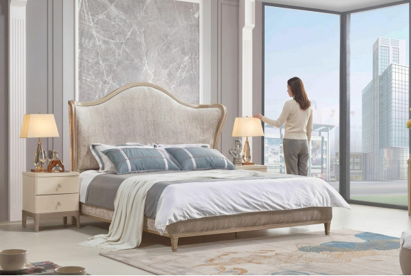 Conception de lits en argent double de luxe, mobilier de chambre à coucher en tissu textile de literie.