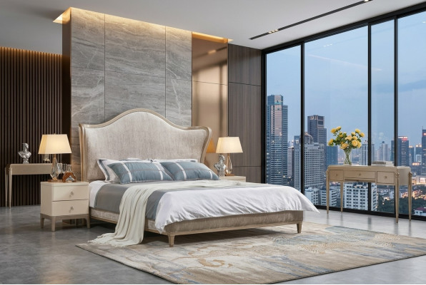 Conception de lits en argent double de luxe, mobilier de chambre à coucher en tissu textile de literie.