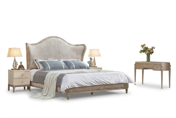 Conception de lits en argent double de luxe, mobilier de chambre à coucher en tissu textile de literie.
