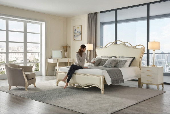 Design lit Chambre Lits Textile Luxe Rembourrage Siège Tissu Beige Meubles nouveaux