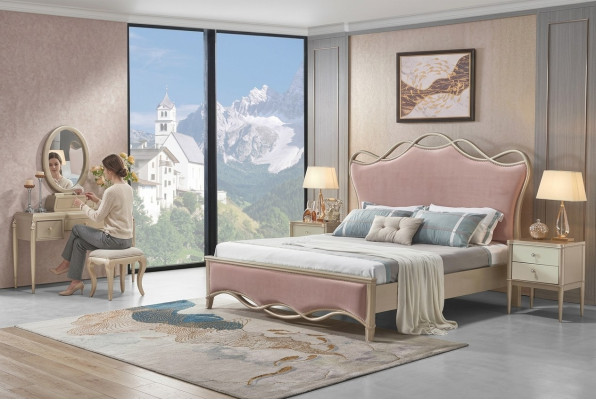 Chambre Design Lit Luxe Lits Cuir Rose Double Rembourrage Meubles Textile Neuf
