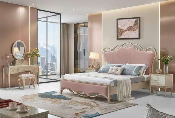 Chambre Design Lit Luxe Lits Cuir Rose Double Rembourrage Meubles Textile Neuf