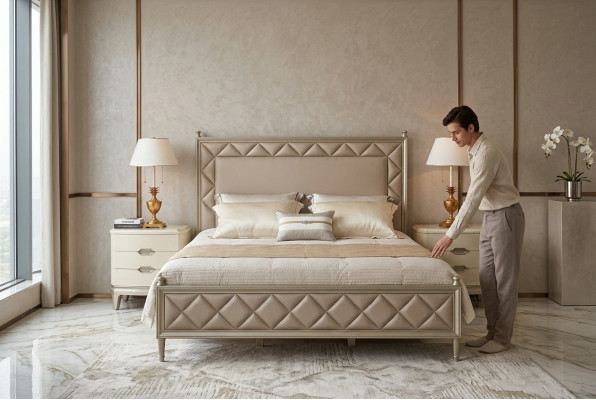 Chambre Lit Rembourrage Conception Meubles Luxe Double Beige Lits Cuir
