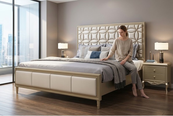 Lit Lits Lit double Chambre Cuir synthétique Rembourrage Lits doubles Beige neufs