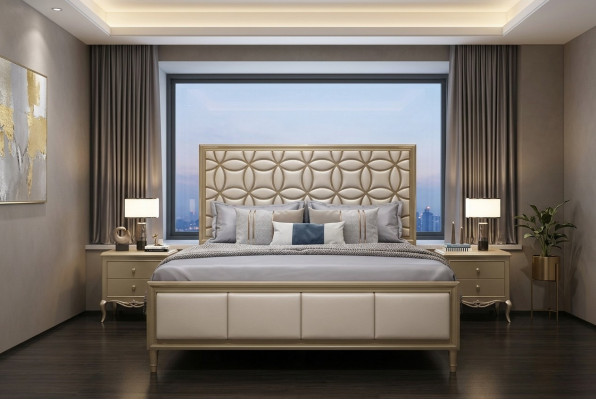 Lit Lits Lit double Chambre Cuir synthétique Rembourrage Lits doubles Beige neufs