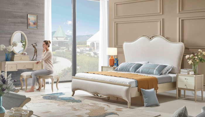 Design de tapisserie de lit de luxe Lits doubles Blanc 180x200cm Mobilier de chambre à coucher nouveau