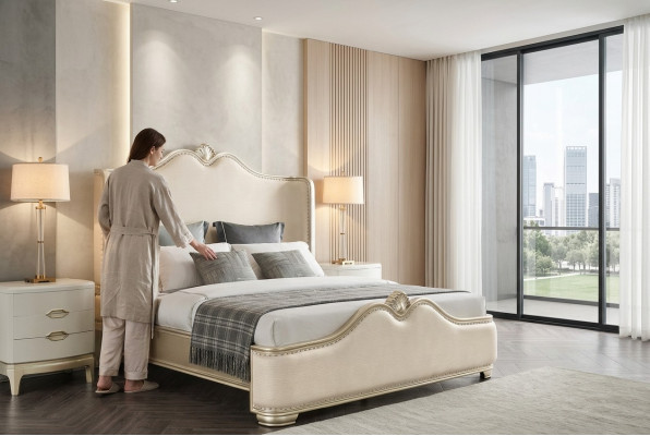 Lit 2x Tables de chevet 3 pcs. Chambre à coucher Beige Mobilier de luxe de designer Lits en bois