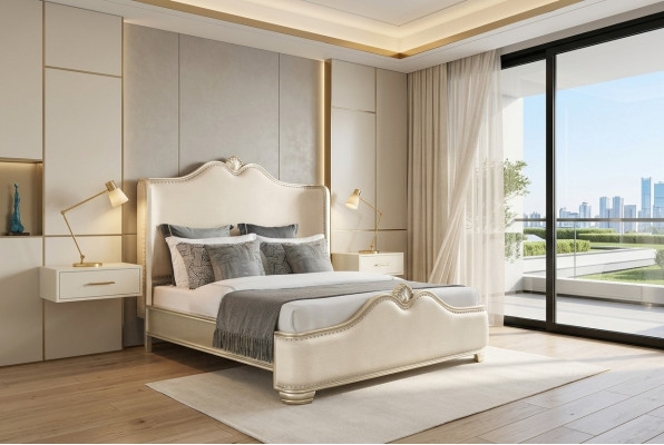 Lit 2x Tables de chevet 3 pcs. Chambre à coucher Beige Mobilier de luxe de designer Lits en bois