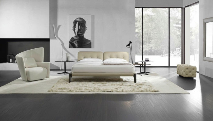 Chambre à coucher moderne avec lit double, lit beige en bois design Prianera.