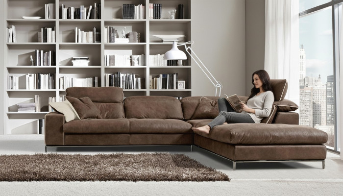 Canapé d'angle design Prianera Canapé d'angle en bois et cuir marron de luxe moderne