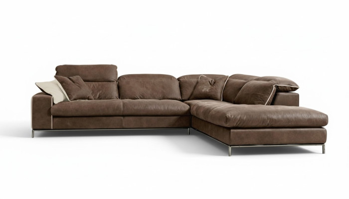 Canapé d'angle design Prianera Canapé d'angle en bois et cuir marron de luxe moderne
