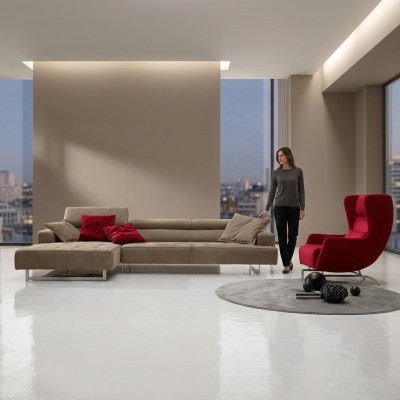 Canapé d'angle en cuir, design moderne, luxe, canapés en forme de L, canapé d'angle, paysage vivant, gris, neuf.