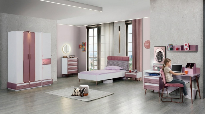 Chambre d'enfants Lit complet Armoire Commode Miroir Étagère murale 7 pièces