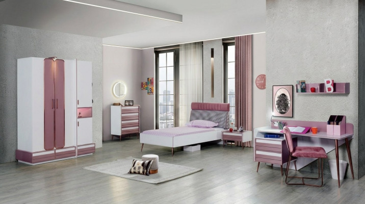 Chambre d'enfants Lit complet Armoire Commode Miroir Étagère murale 7 pièces