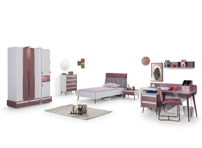 Chambre d'enfants Lit complet Armoire Commode Miroir Étagère murale 7 pièces