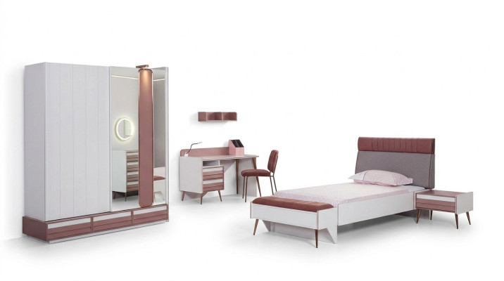 Chambre d'enfants Ensemble 7 pièces Lit de luxe Table de chevet Commode Armoire Étagère murale
