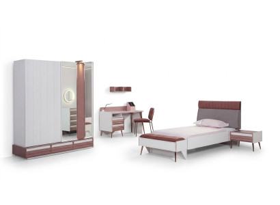 Chambre d'enfants Ensemble 7 pièces Lit de luxe Table de chevet Commode Armoire Étagère murale