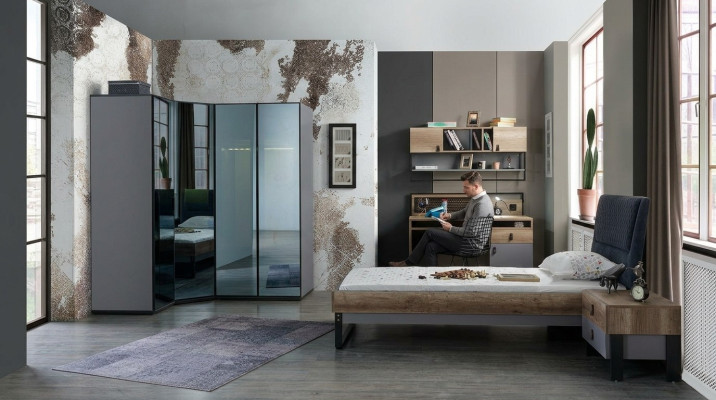Ensemble de chambre de jeunes comprenant lit, armoire d'angle, table de chevet, bureau, mobilier 4 pièces neuf