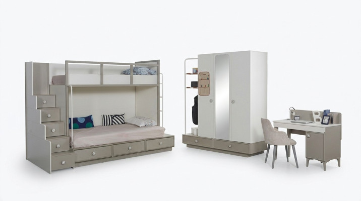 Chambre d'enfants Ensemble de chambre à coucher Meubles en bois Lit superposé Lit mezzanine Table 3 pièces