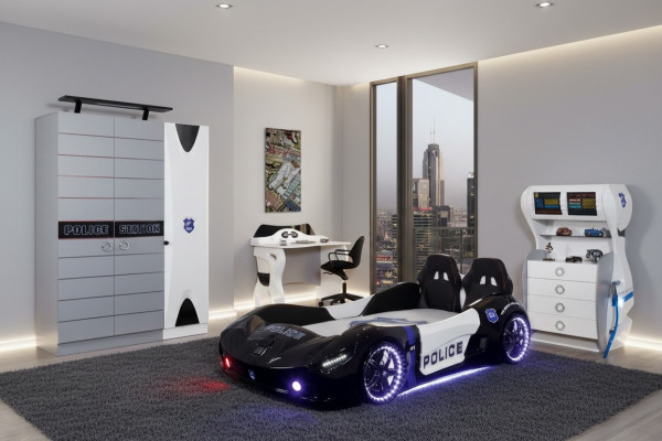 Chambre d'enfants ensemble pour jeunes avec lit de voiture, armoire et bureau. 4 pièces.