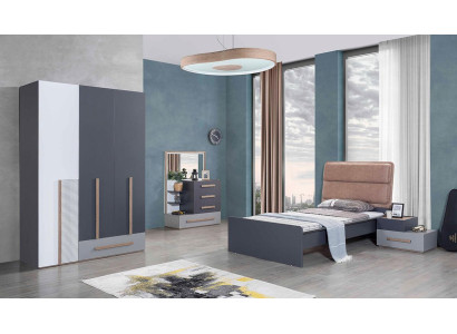 Ensemble de chambre de jeunes gris Lit Table de chevet Armoire Conception neuve 4 pièces.