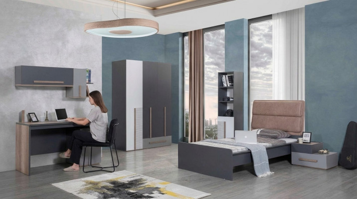 Chambre de jeunesse grise Armoire Etagère de livres Chambre d'enfants Lit 5 pièces