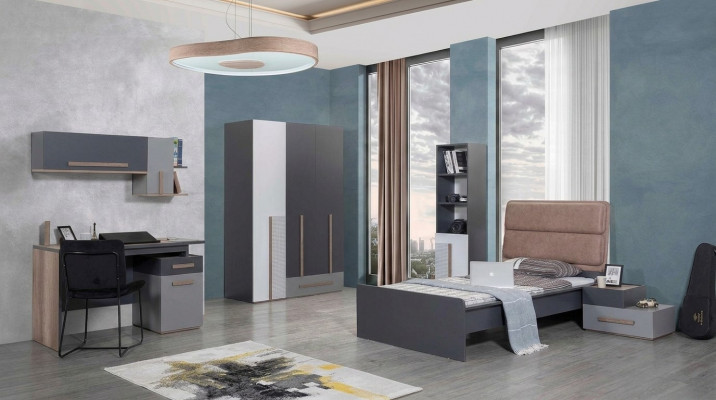 Chambre de jeunesse grise Armoire Etagère de livres Chambre d'enfants Lit 5 pièces