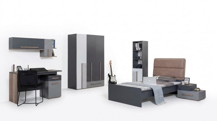 Chambre de jeunesse grise Armoire Etagère de livres Chambre d'enfants Lit 5 pièces