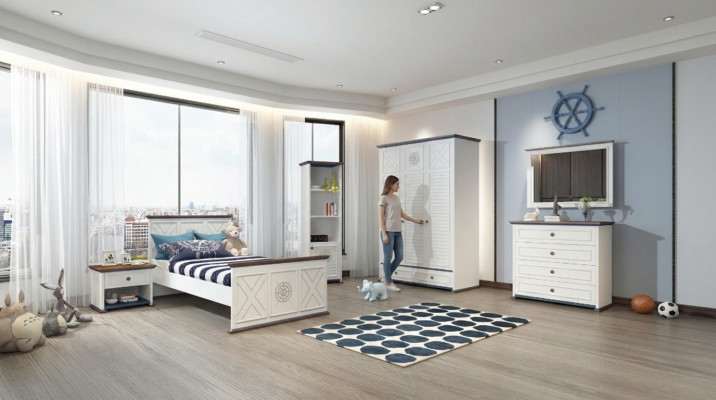 Chambre de jeunesse complète Lit simple Armoire Commode avec miroir Design 6 pièces