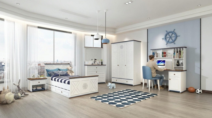 Luxueux ensemble de chambre de jeunesse: lit, table de chevet, armoire, mobilier 5 pièces. nouveau