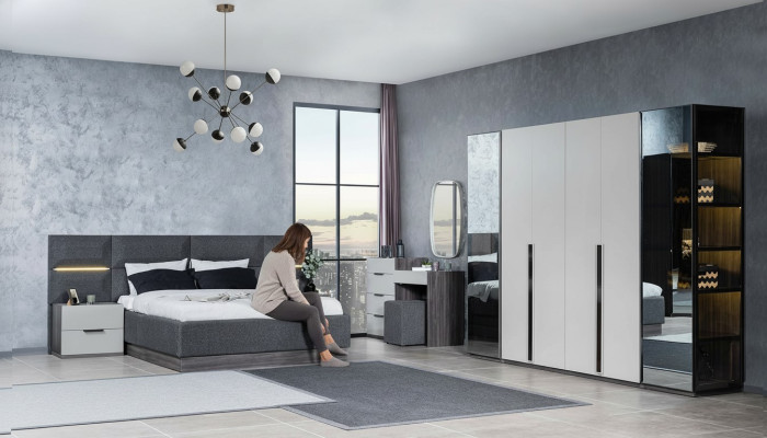 Chambre Lit Tables de chevet Armoire Commode avec miroir Ensemble de meubles 5 pièces