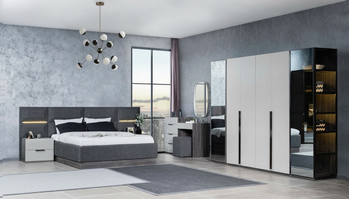 Chambre Lit Tables de chevet Armoire Commode avec miroir Ensemble de meubles 5 pièces