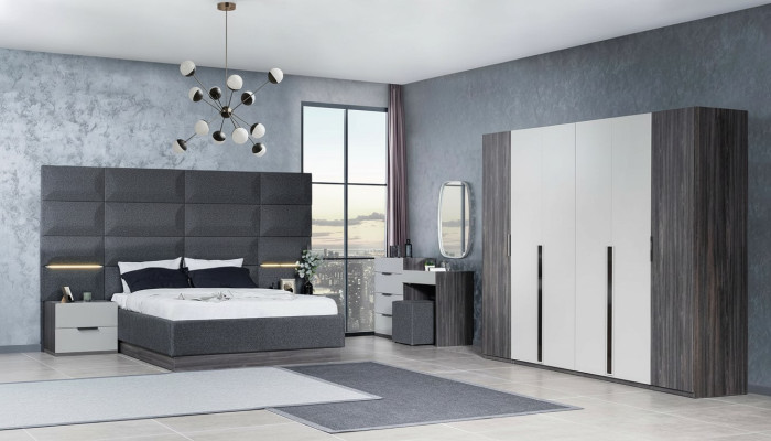 Chambre Lit Table de chevet Armoire Commode avec miroir Ensemble de meubles 5 pièces