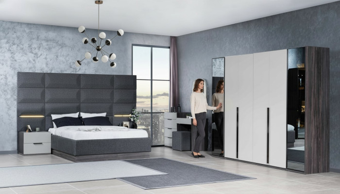 Chambre Lit Table de chevet Armoire Commode avec Miroir Mobilier Bois Luxe