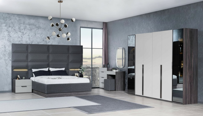 Chambre Lit Table de chevet Armoire Commode avec Miroir Mobilier Bois Luxe