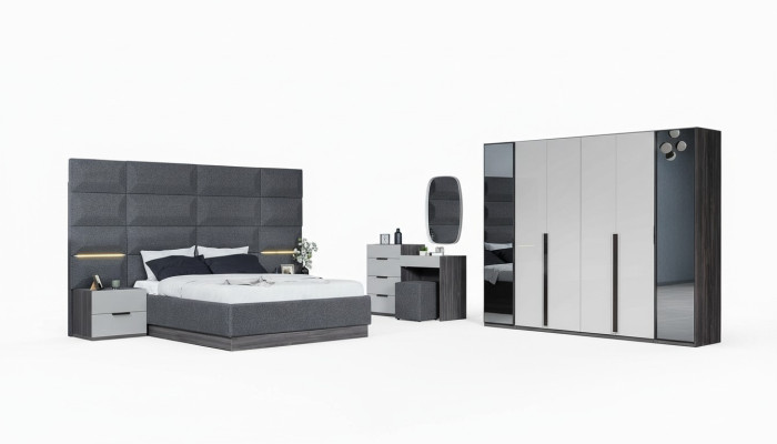 Chambre Lit Table de chevet Armoire Commode avec Miroir Mobilier Bois Luxe