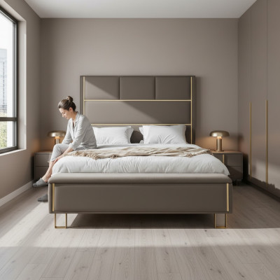 Taupe revêtement de lit Lit double Bois Mobilier de chambre à coucher Hôtel Tapisserie 180x200
