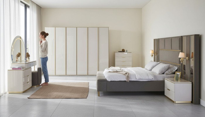 Ensemble de chambre à coucher complet de luxe Beige Or Commode Lit Table de chevet 7 pièces. briller