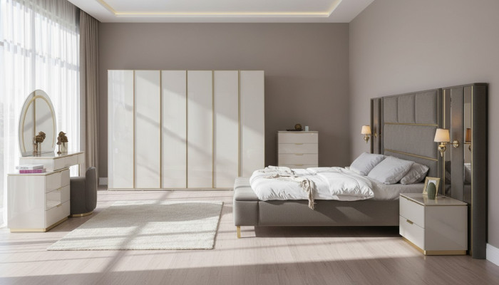 Ensemble de chambre à coucher complet de luxe Beige Or Commode Lit Table de chevet 7 pièces. briller