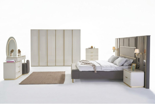 Ensemble de chambre à coucher complet de luxe Beige Or Commode Lit Table de chevet 7 pièces. briller