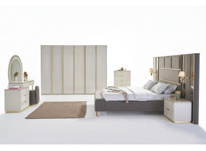 Ensemble de chambre à coucher complet de luxe Beige Or Commode Lit Table de chevet 7 pièces. briller