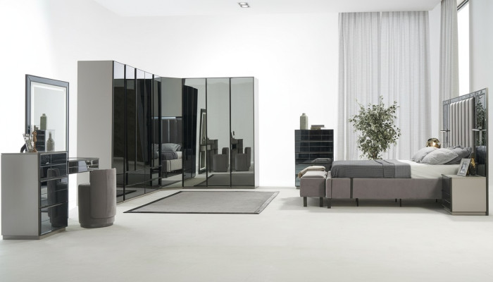 Lit de chambre en verre de luxe Table de chevet Armoire d'angle Commode Miroir Tabouret Gris