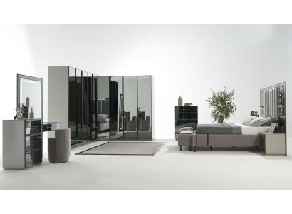 Lit de chambre en verre de luxe Table de chevet Armoire d'angle Commode Miroir Tabouret Gris