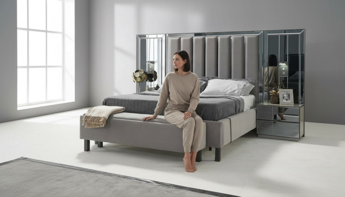 Ensemble de chambre à coucher Lit 2x Table de chevet Tabouret Lits doubles Mobilier rembourré 4 pièces nouveau